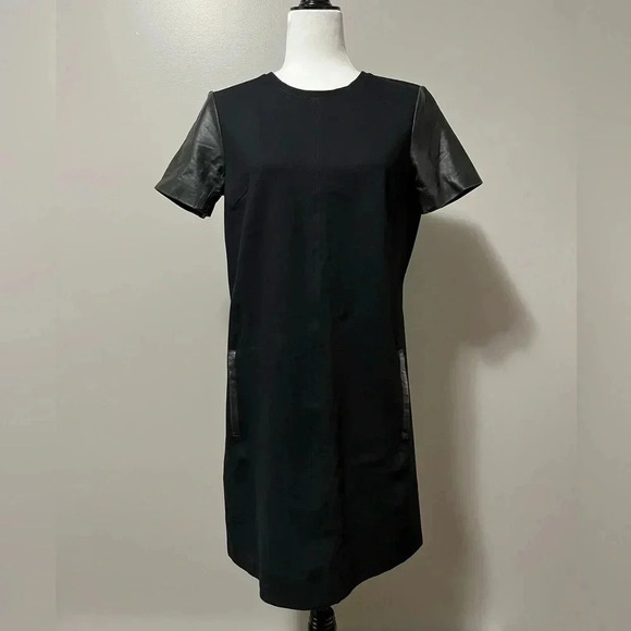 Club Monaco Short Sleeve Leather Accents  Shift Dress Black - Picture 3 of 13